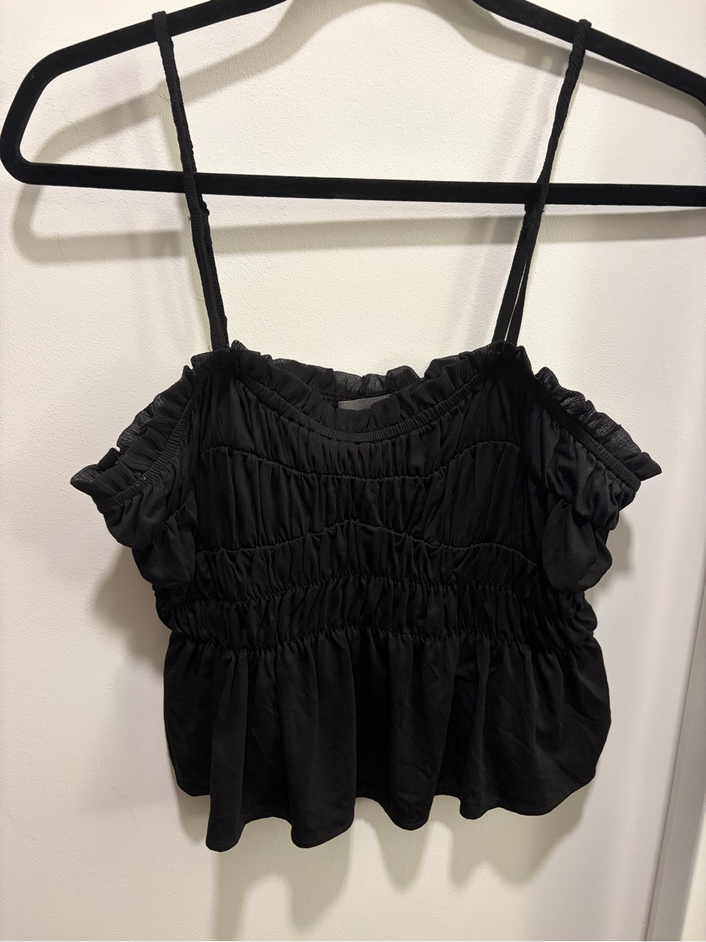 Sunday in Brooklyn  Black Smocked Spaghetti Strap Peplum Top